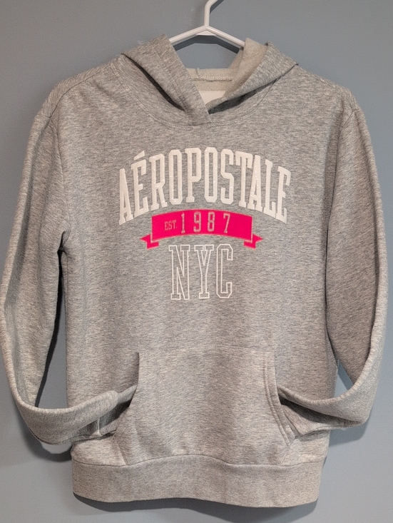 Aeropostale Tops - Aeropostale Women's Light Gray Hoodie with Pink Banner NYC Graphic Size Medium